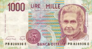 Immagine di una banconota da 1000 Lire con il metodo Montessori, simbolo di valore storico e collezionistico.